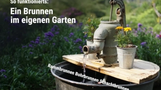 Kind bedient Handpumpe im Freien Schwengelpumpe spendet Wasser